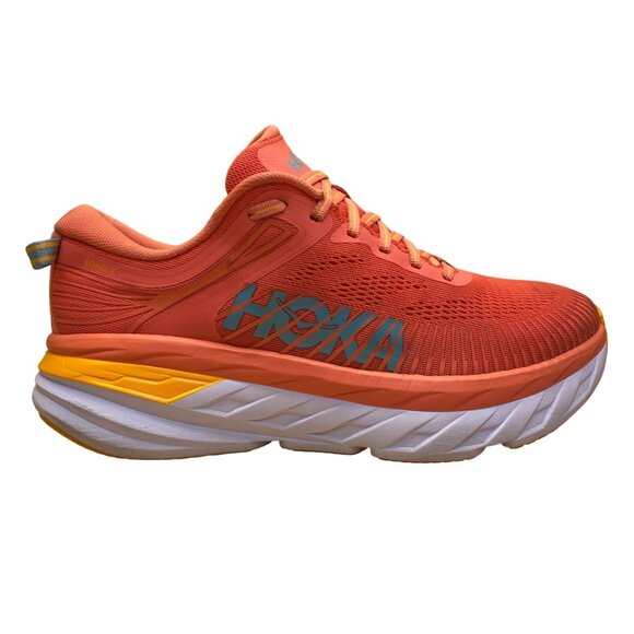 Hoka Women’s Coral & Yellow Mesh Bondi 7 Cushioned Running Shoes Trainers Size 9 - Picture 1 of 8